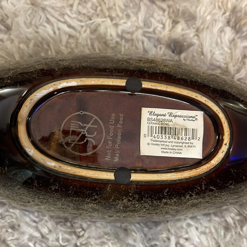 14” Ceramic Boat Bowl Oval Decorative Peacock‎ Feather Brown Red Maroon Tan